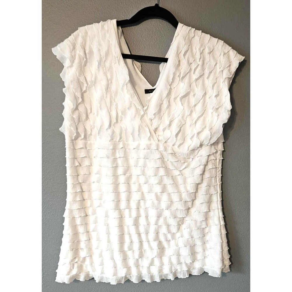 Jennie & Marlis Woman V Neck White Ruffled Sleeveless Top Stretchy XL